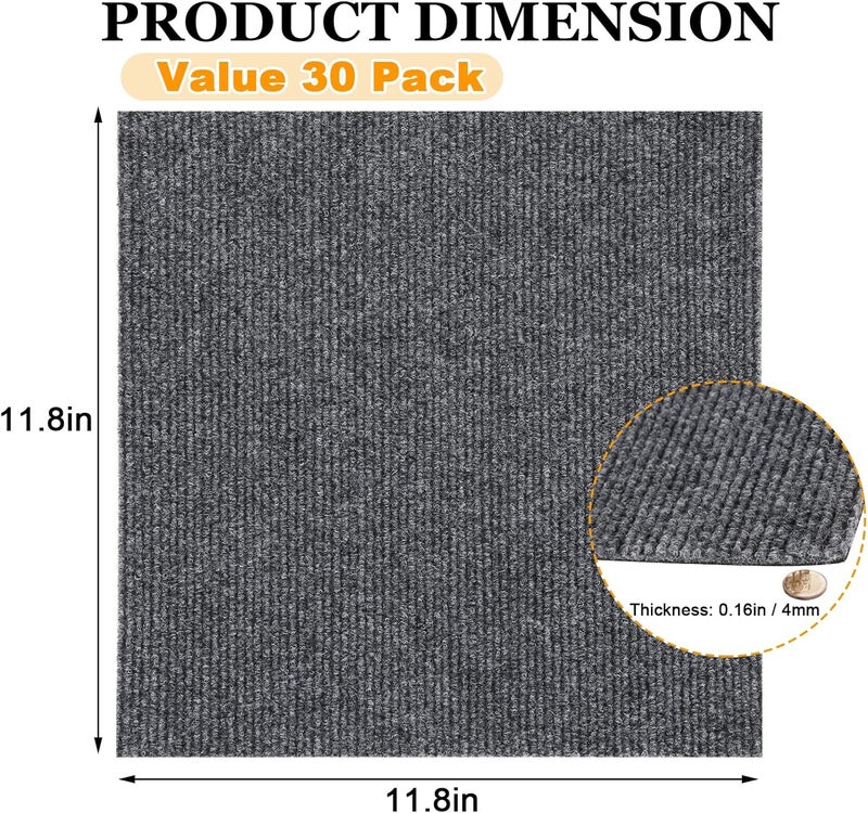 AKOLAFE 30 Pack Peel and Stick Carpet Tiles 12x12 Self Adhesive Carpets Squares for Basement Carpets for Concrete Floor Non Skid Carpet Tiles Clearance on Indoor Outdoor Carpet Squares Commercial Grey - Image 2